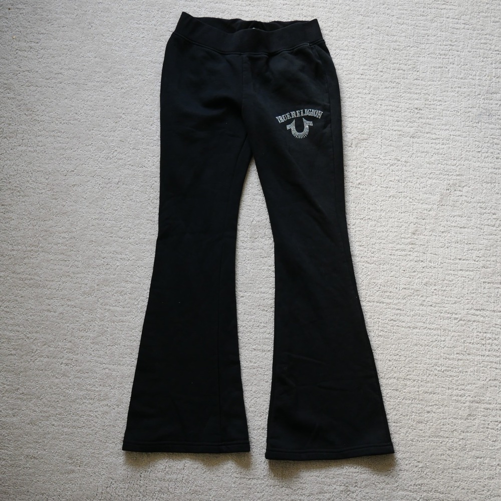 True Religion Women Black Crystal Logo Bootcut Sweatpants Flare Y2K Size Small
